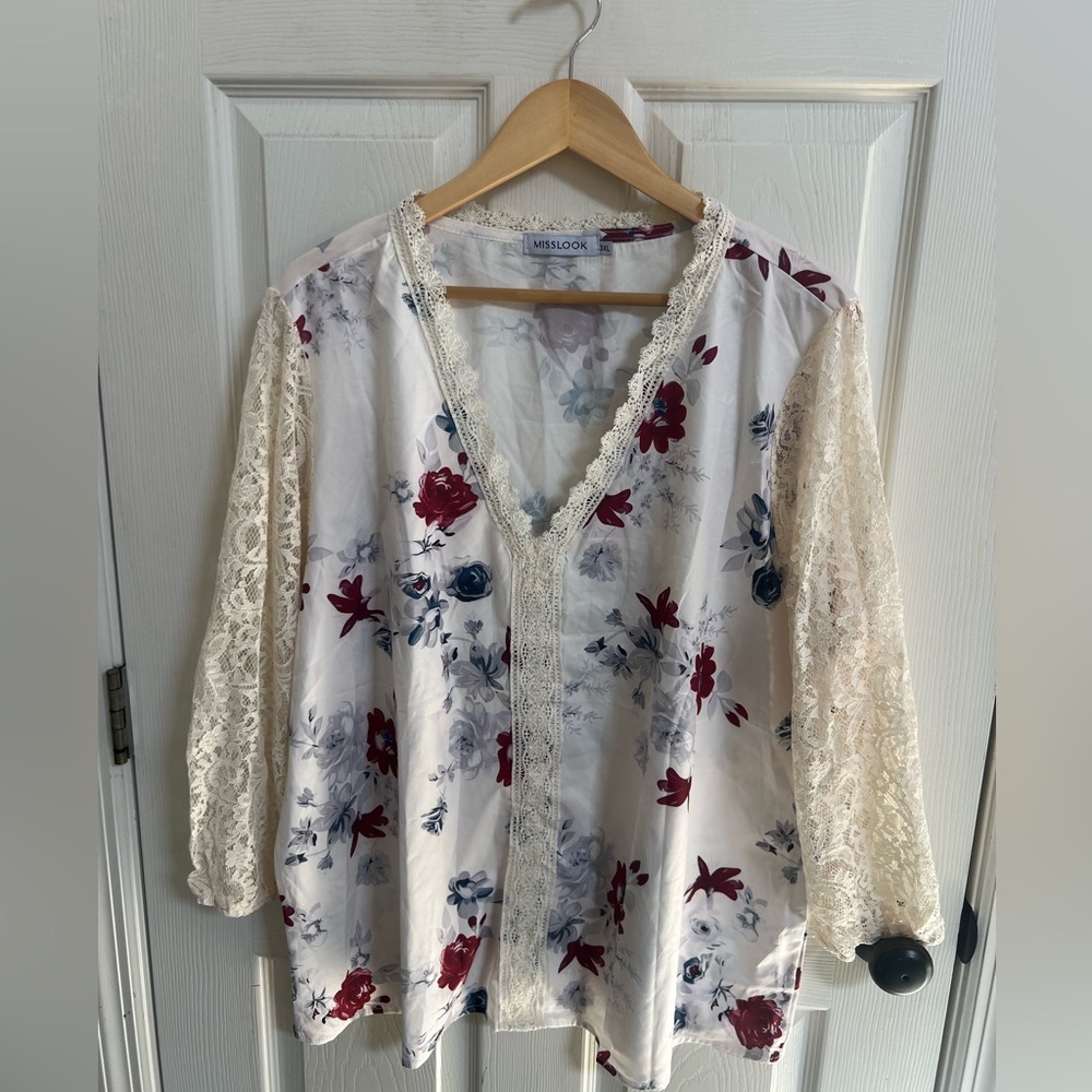 MISSLOOK Cream and Red Floral Lace Blouse Size 3XL